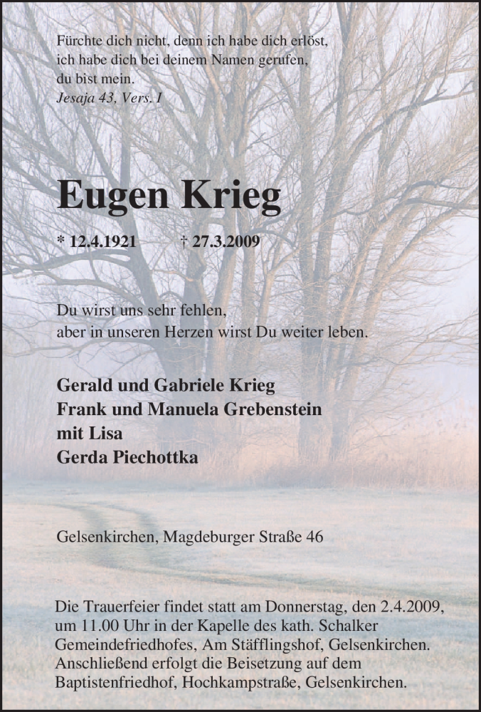 Traueranzeigen Von Eugen Krieg Trauer In Nrw De