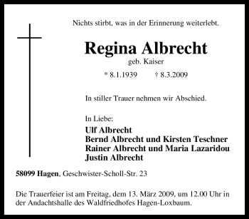 Traueranzeigen Von Regina Albrecht Trauer In Nrw De