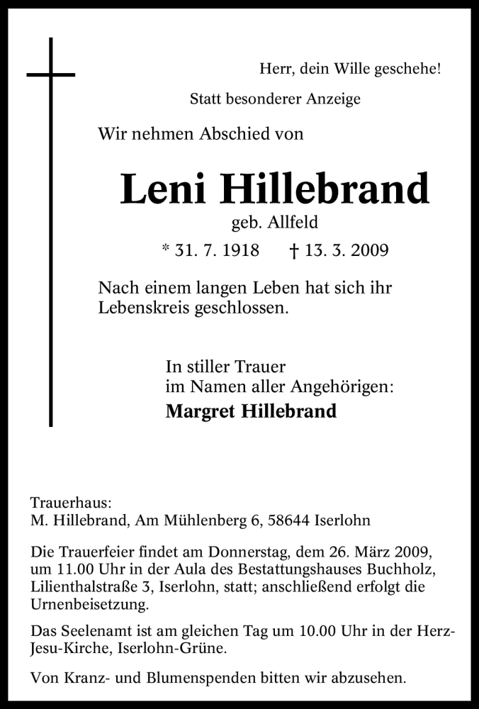 Traueranzeigen Von Leni Hillebrand Trauer In Nrw De