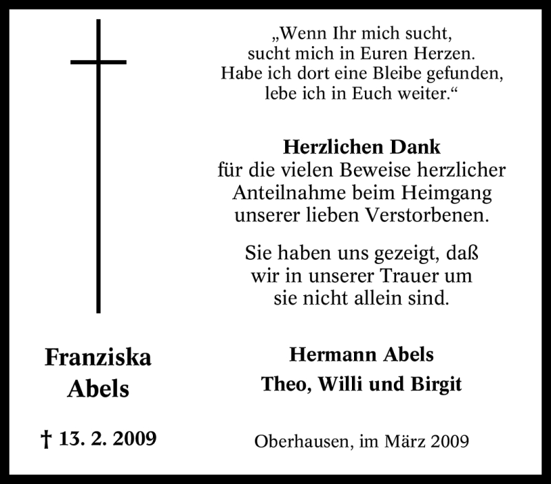 Traueranzeigen Von Franziska Abels Trauer In Nrw De