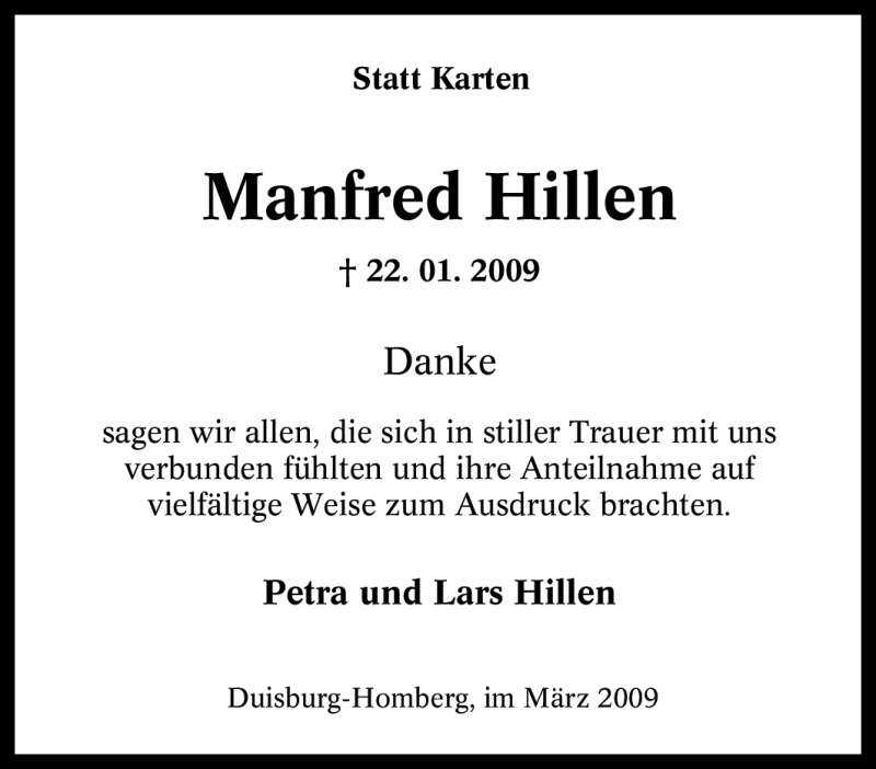 Traueranzeigen Von Manfred Hillen Trauer In Nrw De