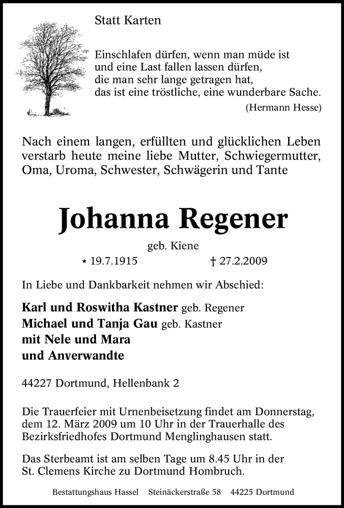 Traueranzeigen Von Johanna Regener Trauer In Nrw De