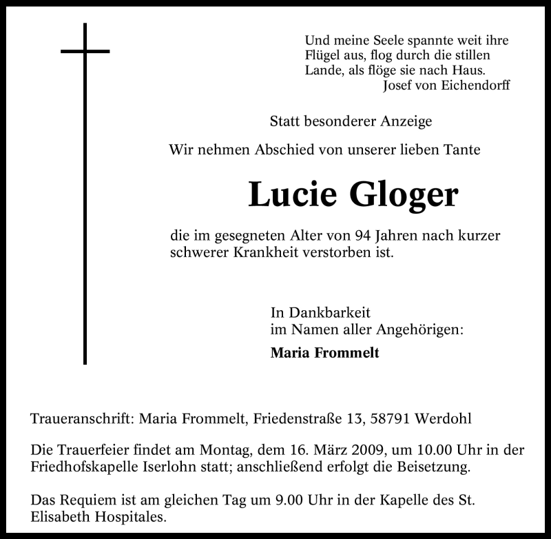 Traueranzeigen Von Lucie Gloger Trauer In NRW De