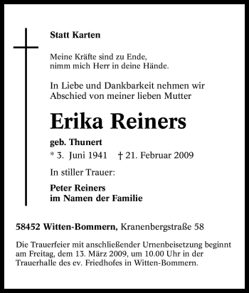 Traueranzeigen Von Erika Reiners Trauer In NRW De