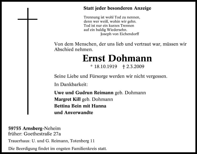 Traueranzeigen Von Ernst Dohmann Trauer In Nrw De