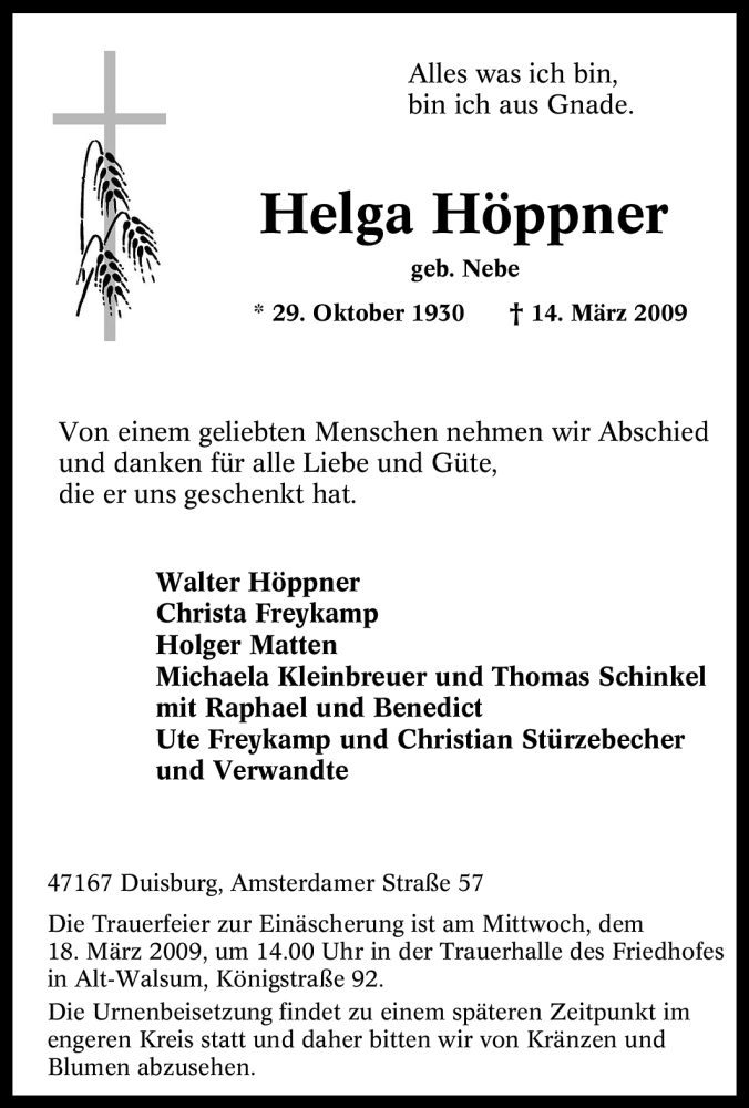 Traueranzeigen von Helga Höppner Trauer in NRW de