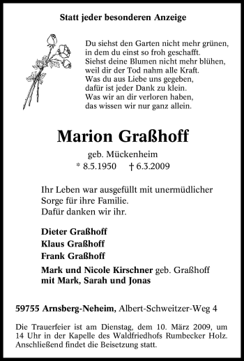 Traueranzeigen von Marion Graßhoff Trauer in NRW de