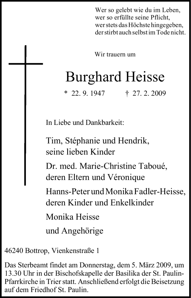 Traueranzeigen Von Burghard Heisse Trauer In NRW De