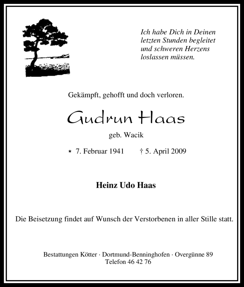 Traueranzeigen Von Gudrun Haas Trauer In Nrw De