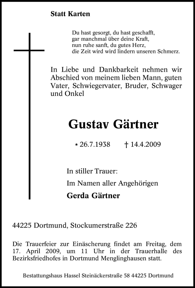 Traueranzeigen von Gustav Gärtner Trauer in NRW de