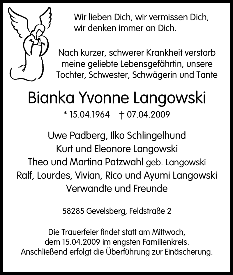 Traueranzeigen Von Bianka Yvonne Langowski Trauer In NRW De