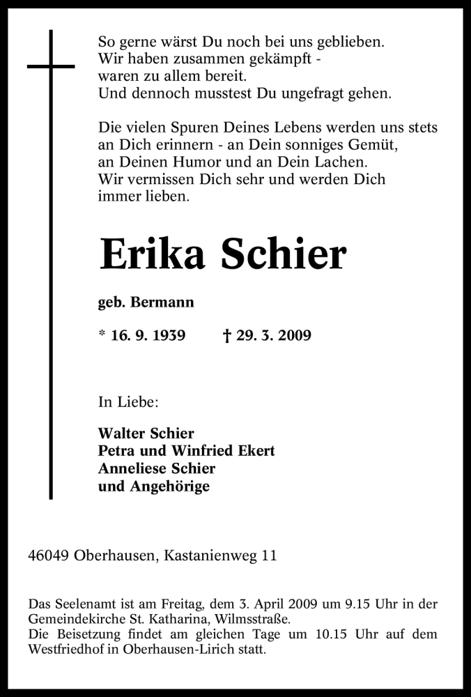 Traueranzeigen Von Erika Schier Trauer In NRW De