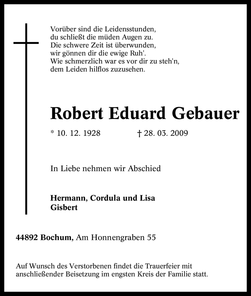 Traueranzeigen Von Robert Eduard Gebauer Trauer In NRW De