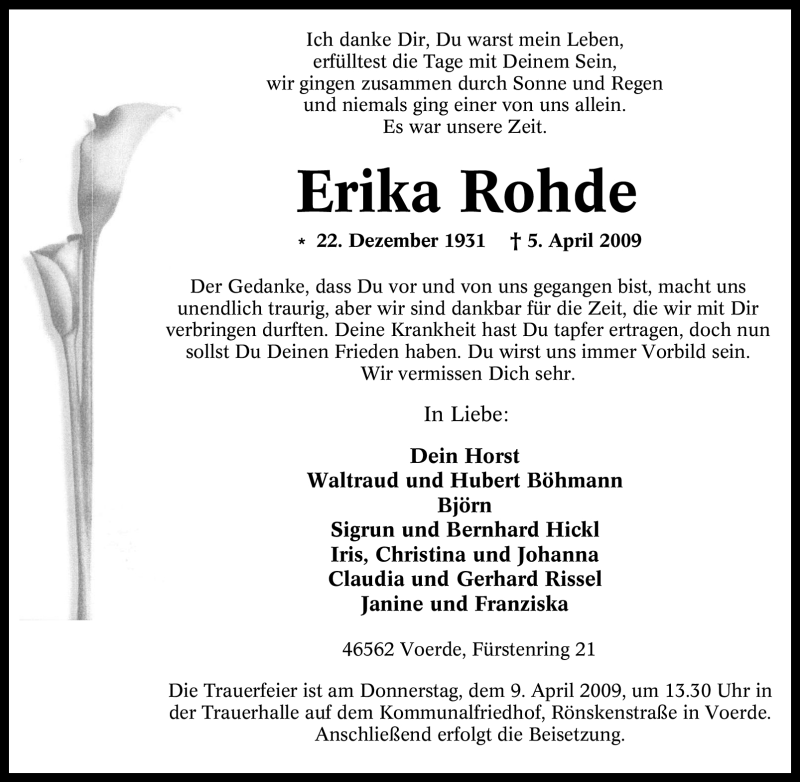 Traueranzeigen Von Erika Rohde Trauer In NRW De