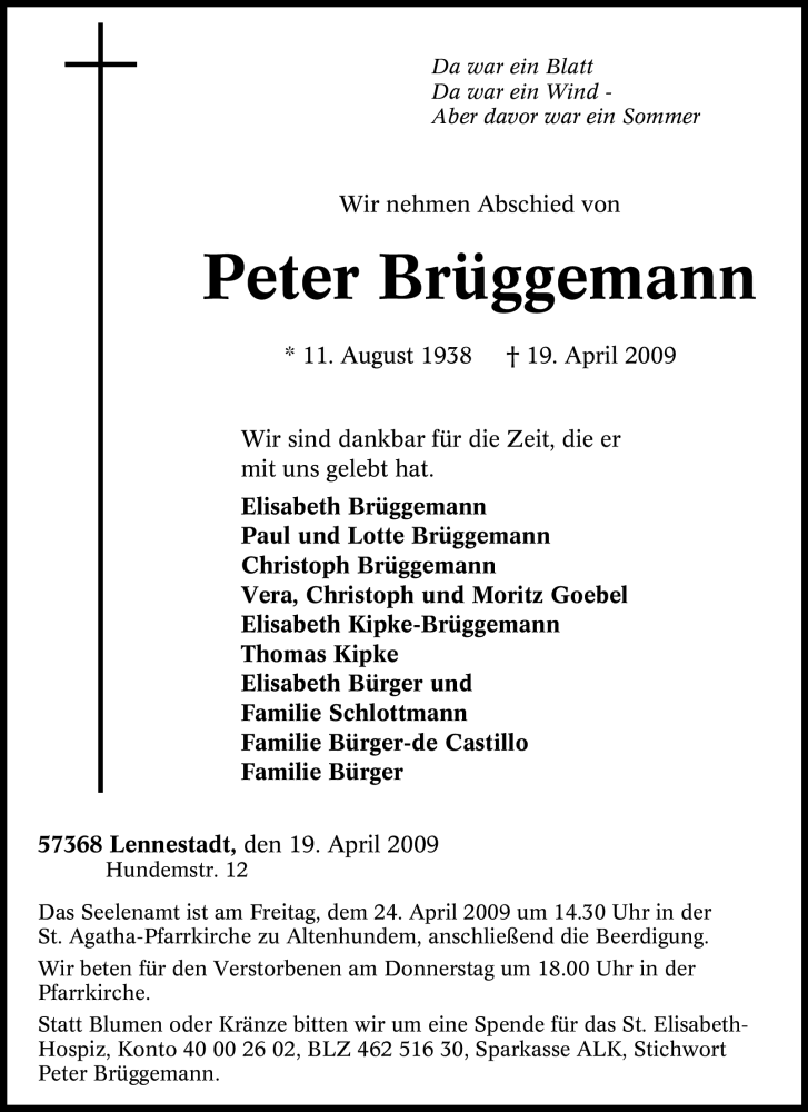 Traueranzeigen von Peter Brüggemann Trauer in NRW de