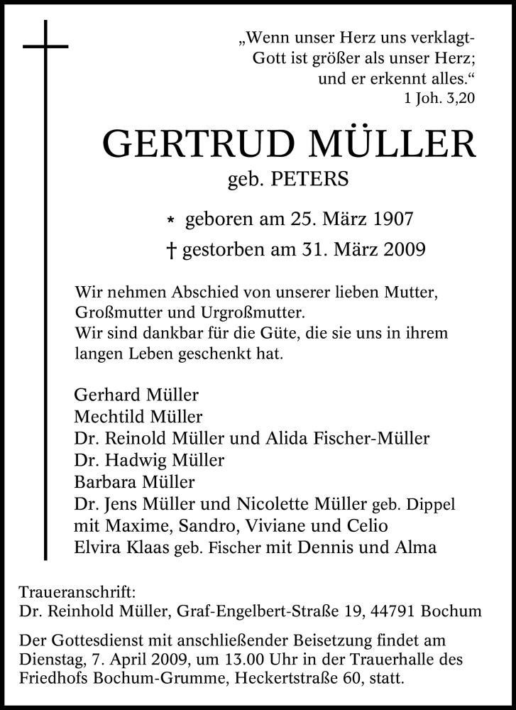 Traueranzeigen von Gertrud Müller Trauer in NRW de