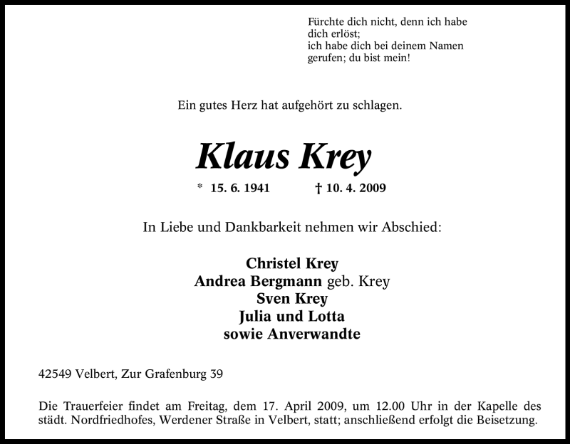 Traueranzeigen Von Klaus Krey Trauer In NRW De