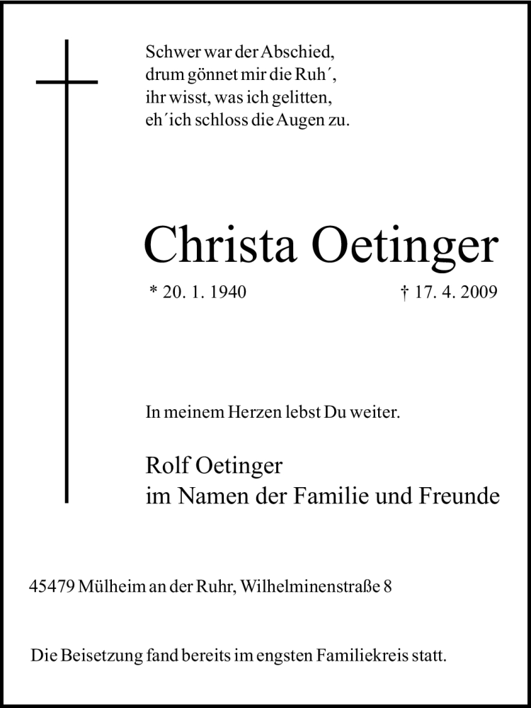 Traueranzeigen Von Christa Oetinger Trauer In Nrw De