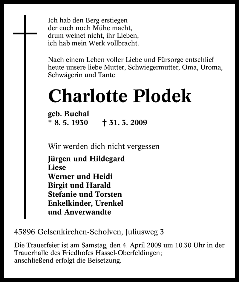 Traueranzeigen Von Charlotte Plodek Trauer In Nrw De