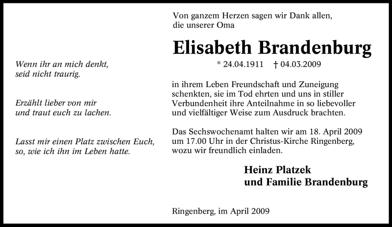 Traueranzeigen Von Elisabeth Brandenburg Trauer In Nrw De