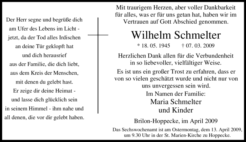 Traueranzeigen Von Wilhelm Schmelter Trauer In Nrw De