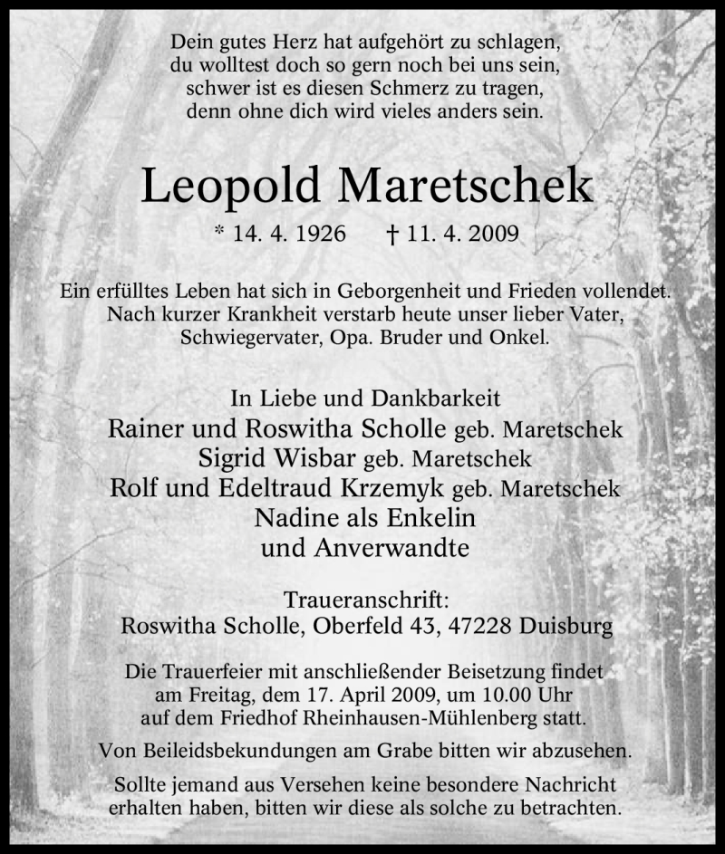 Traueranzeigen Von Leopold Maretschek Trauer In Nrw De