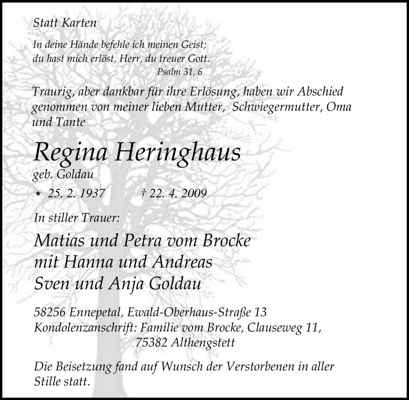 Traueranzeigen Von Regina Heringhaus Trauer In NRW De