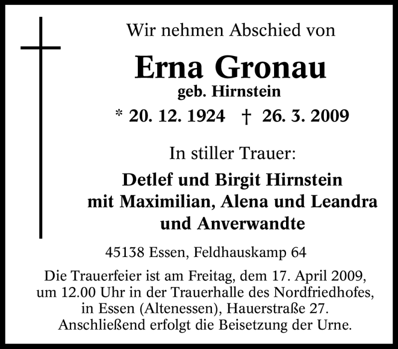 Traueranzeigen Von Erna Gronau Trauer In Nrw De