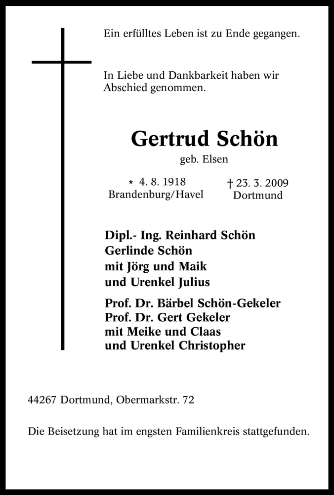 Traueranzeigen Von Gertrud Sch N Trauer In Nrw De