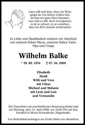 Traueranzeigen Von Wilhelm Balke Trauer In Nrw De