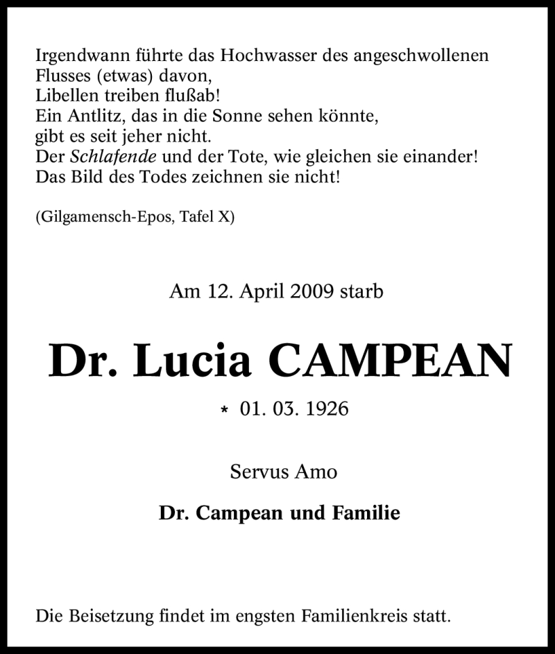 Traueranzeigen Von Lucia Campean Trauer In Nrw De