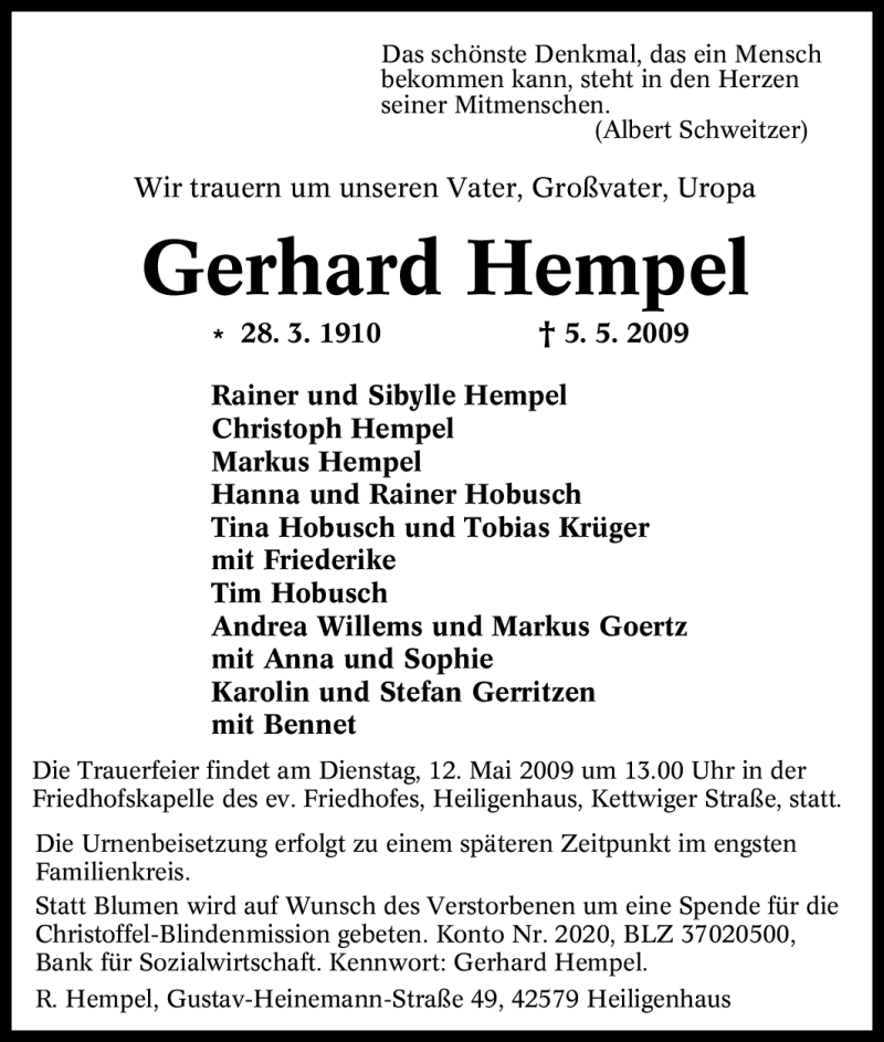 Traueranzeigen Von Gerhard Hempel Trauer In Nrw De