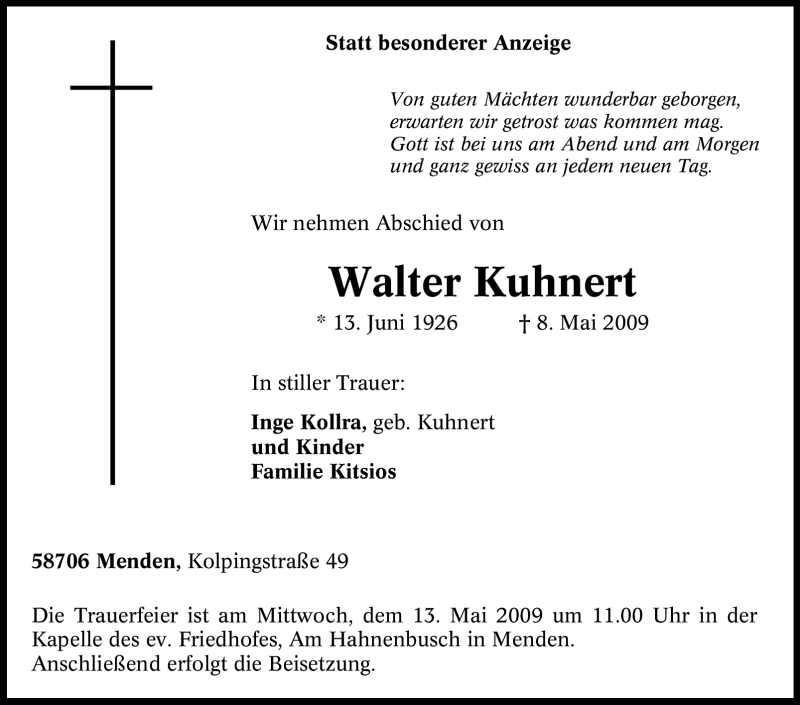 Traueranzeigen Von Walter Kuhnert Trauer In NRW De