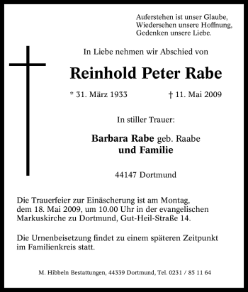 Traueranzeigen Von Reinhold Peter Rabe Trauer In Nrw De