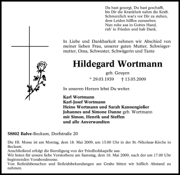 Traueranzeigen Von Hildegard Wortmann Trauer In NRW De