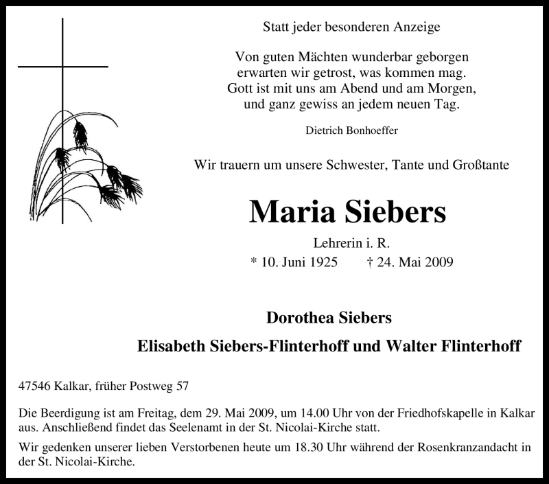 Traueranzeigen Von Maria Siebers Trauer In NRW De