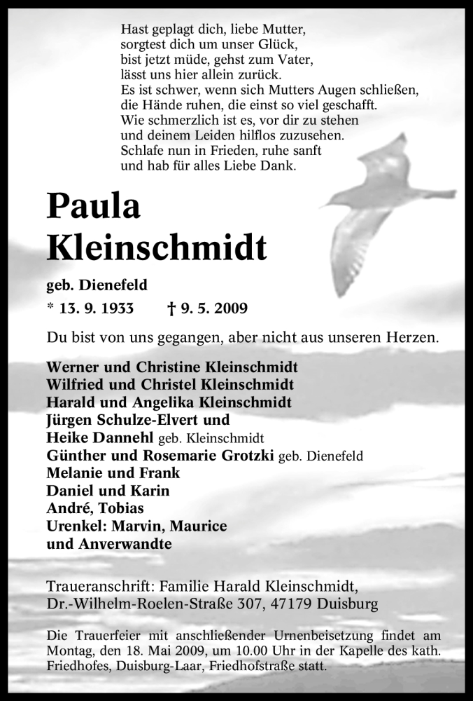 Traueranzeigen Von Paula Kleinschmidt Trauer In Nrw De