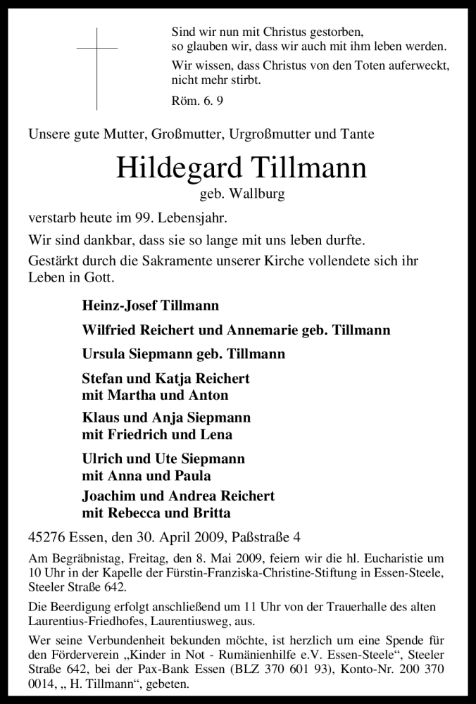 Traueranzeigen Von Hildegard Tillmann Trauer In NRW De