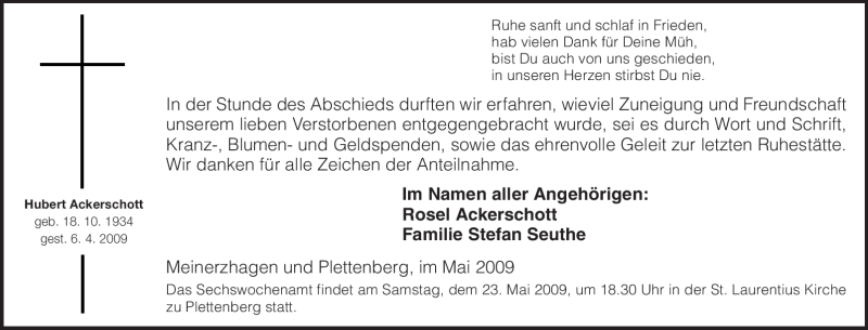 Traueranzeigen Von Hubert Ackerschott Trauer In NRW De