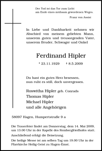 Traueranzeige von Ferdinand Hipler von Tageszeitung