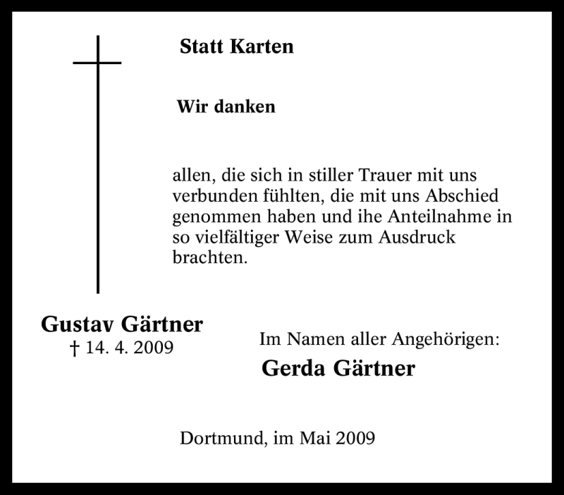 Traueranzeigen Von Gustav G Rtner Trauer In Nrw De