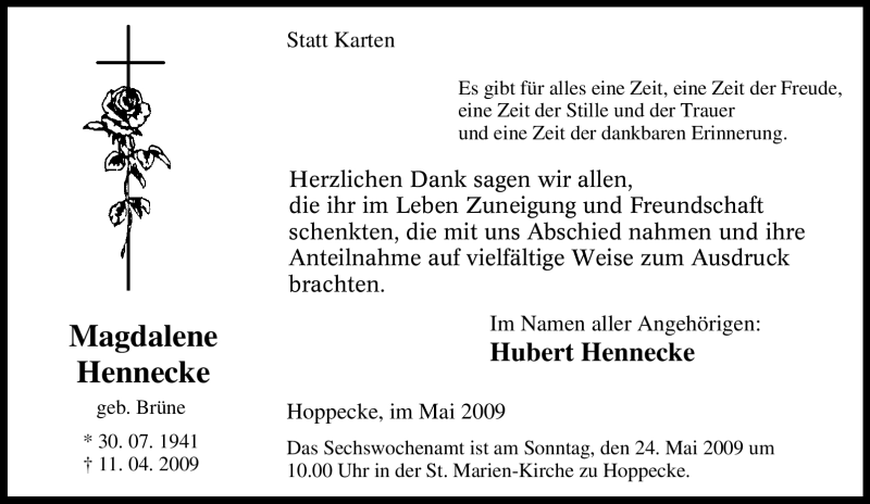 Traueranzeigen Von Magdalene Hennecke Trauer In Nrw De