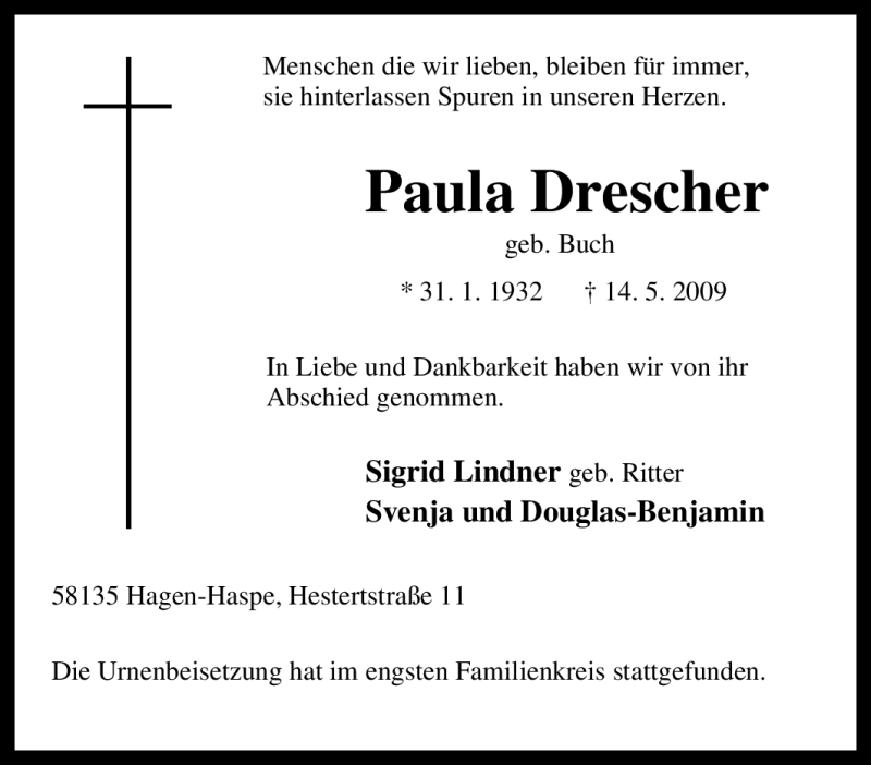 Traueranzeigen Von Paula Drescher Trauer In Nrw De