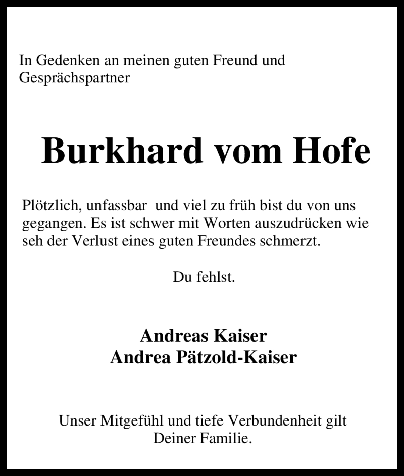 Traueranzeigen Von Burkhard Vom Hofe Trauer In NRW De