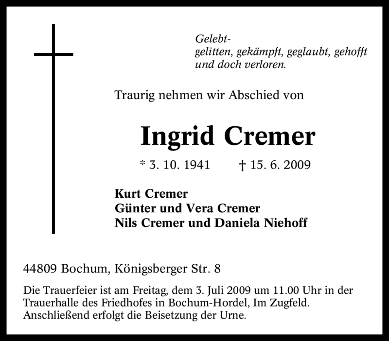 Traueranzeigen Von Ingrid Cremer Trauer In Nrw De