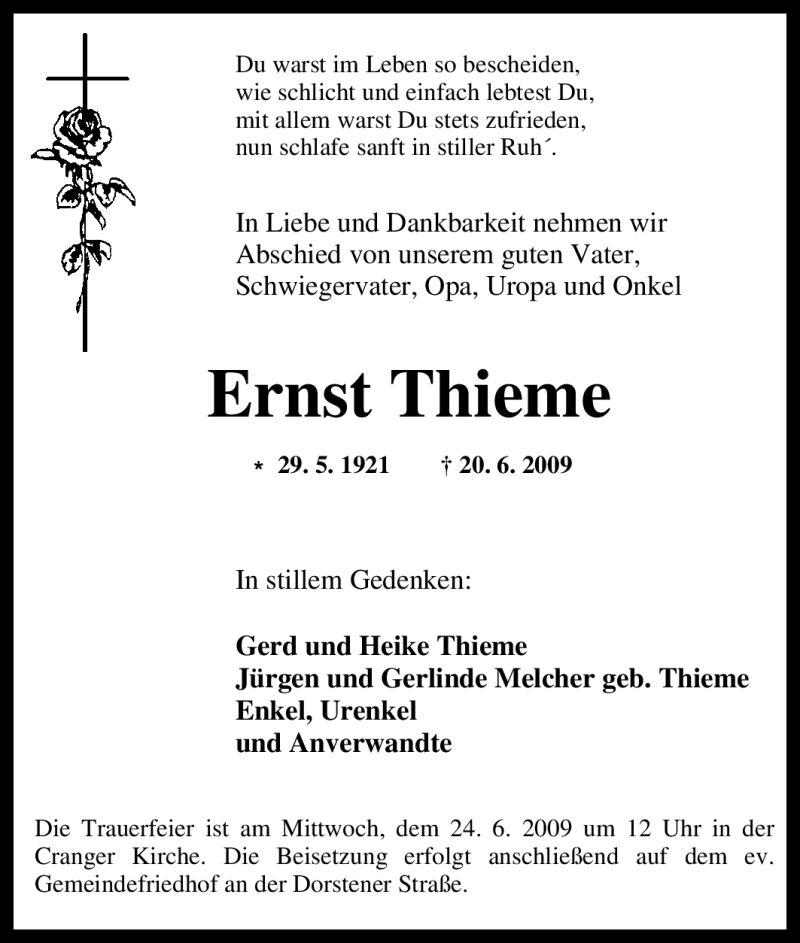 Traueranzeigen Von Ernst Thieme Trauer In Nrw De