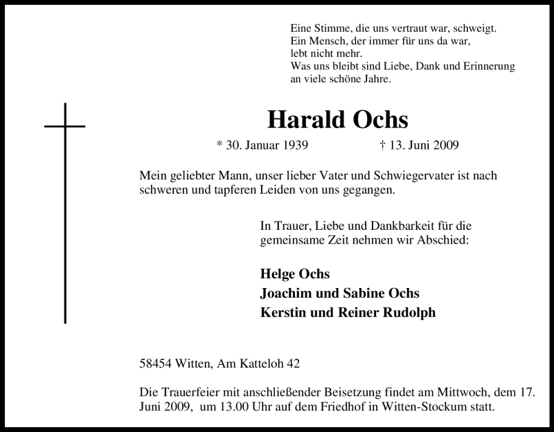 Traueranzeigen Von Harald Ochs Trauer In NRW De