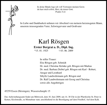 Traueranzeigen von Karl Rösgen Trauer in NRW de