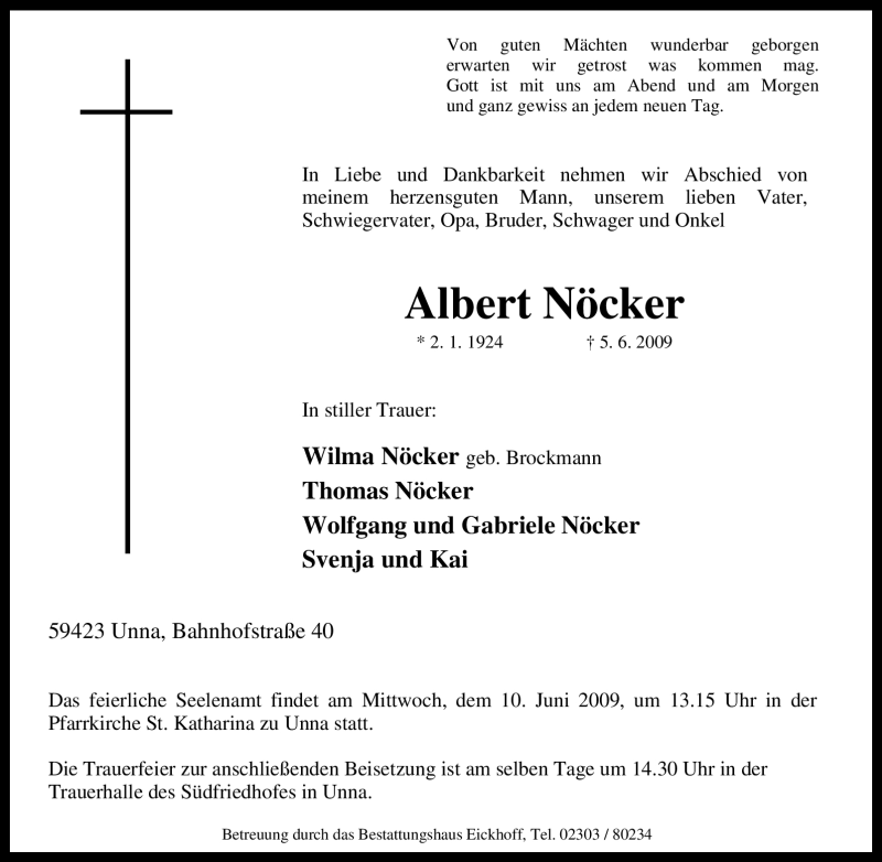 Traueranzeigen von Albert Nöcker Trauer in NRW de