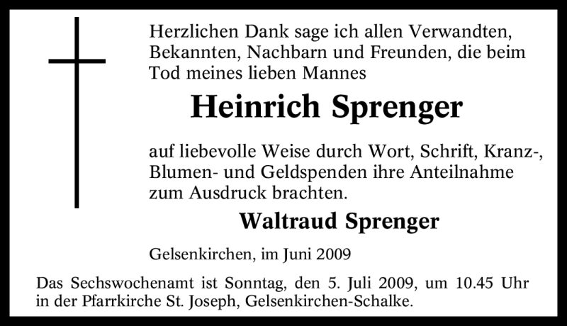 Traueranzeigen Von Heinrich Sprenger Trauer In Nrw De